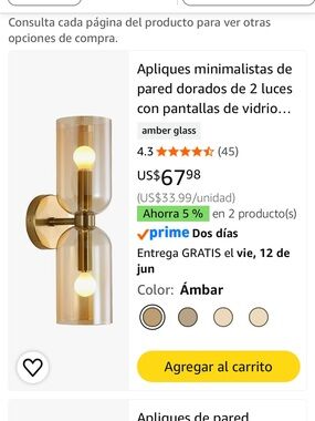 Minimalist Double Glass Wall Sconce in Amber and Gold